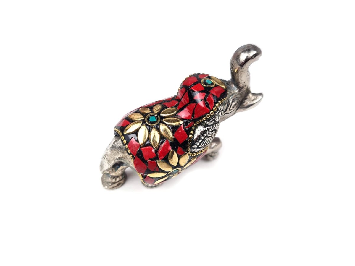Elefante indiano de metal prateado mosaico de pedras naturais coral e turquesa - Image 2