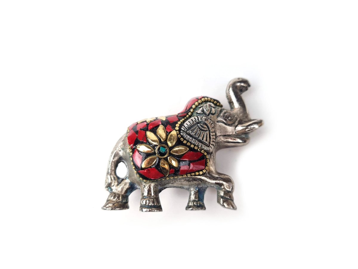 Elefante indiano de metal prateado mosaico de pedras naturais coral e turquesa - Image 3