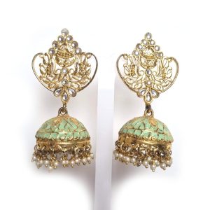 Brinco indiano dourado Jhumka clássico arabescos verde