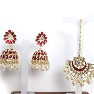 Conjunto para festas indianas de brinco Jhumka com tikka vermelho esmaltado