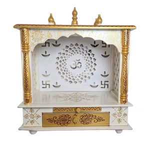 Mandir Templo Hindu Artesanal Off-White e Dourado com Iluminação Om