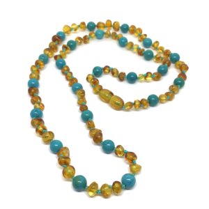 Colar de Âmbar Cognac e Turquesa (verde) 60cm