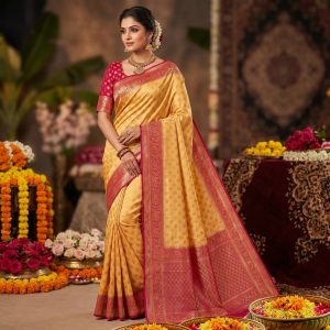 Saree Banarasi Art Silk de seda modelo Suryodaya amarelo e vermelho