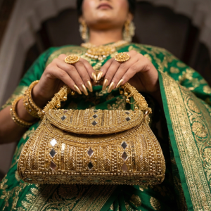 Bolsa Lakshmi Devi luxuosa e dourada toda bordada para festas