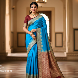 Saree Banarasi Art Silk Azul Turquesa e Marsala Real