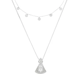 Colar Feminino em Prata - Medalhas Lisas com Nossa Sra Aparecida