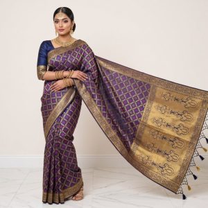 Saree Banarasi Art Silk de seda modelo Indigo Gold Meenakari Imperial