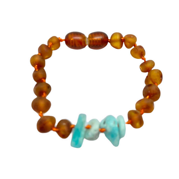Pulseira – Tornozeleira de Âmbar Cognac Não Polido e Amazonite Chip Bebé – Criança