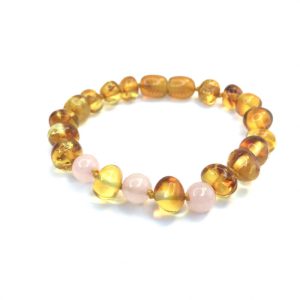 Pulseira – Tornozeleira de Âmbar Mel e Quartz Rosa Juvenil/Mulher (fio amarelo)