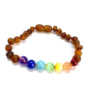 Pulseira – Tornozeleira de Âmbar Cognac Não Polido e Chakras Juvenil/Mulher