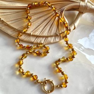 Colar e Pulseira de Âmbar Mel com Fecho em Aço