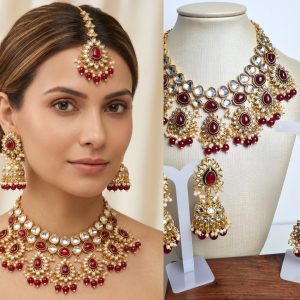 Conjunto completo de semi joia indiana para festas Lakshmi Red Gold