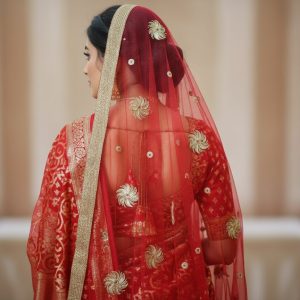 Dupatta vermelha e dourada de noiva com bordados dourados e pedras