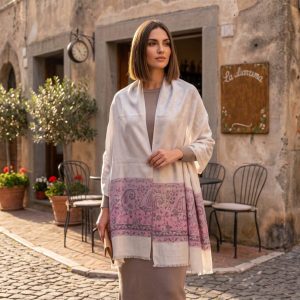 Pashimina indiana de cashmere estampa adamascada cinza e lilás