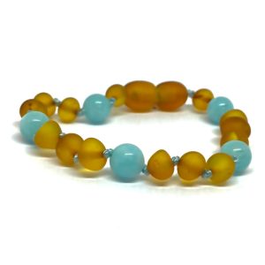 Pulseira – Tornozeleira de Âmbar Cognac Não Polido e Água Marinha Juvenil/Mulhe