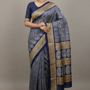 Saree indiano de tecido misto viscose e seda marinho e dourado
