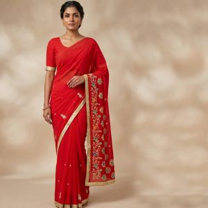 Sari indiano crepe de seda vermelho com bordados dourados e detalhes coloridos