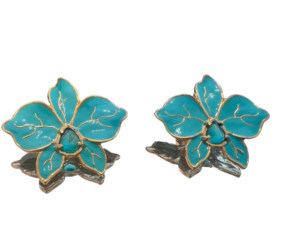 Brinco Flor Orquídea turquesa esmaltada - pintado a mão - Image 2